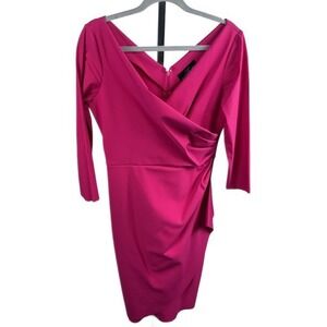 Alex Evenings Dress Women's Size 8 Hot Pink Ruched Scuba V-Neck Knew Length